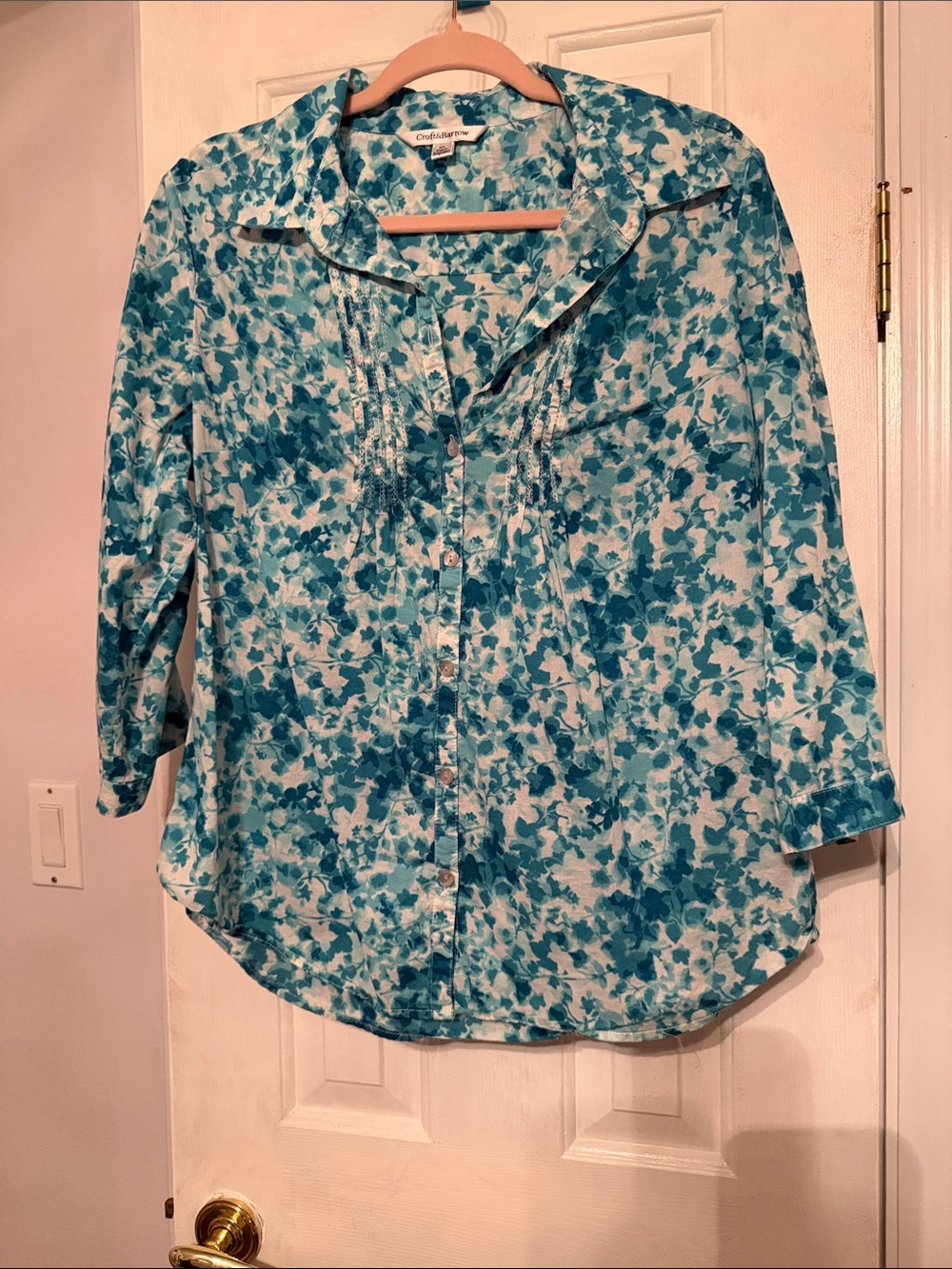 croft & barrow Teal and White Floral Button-Down Shirt